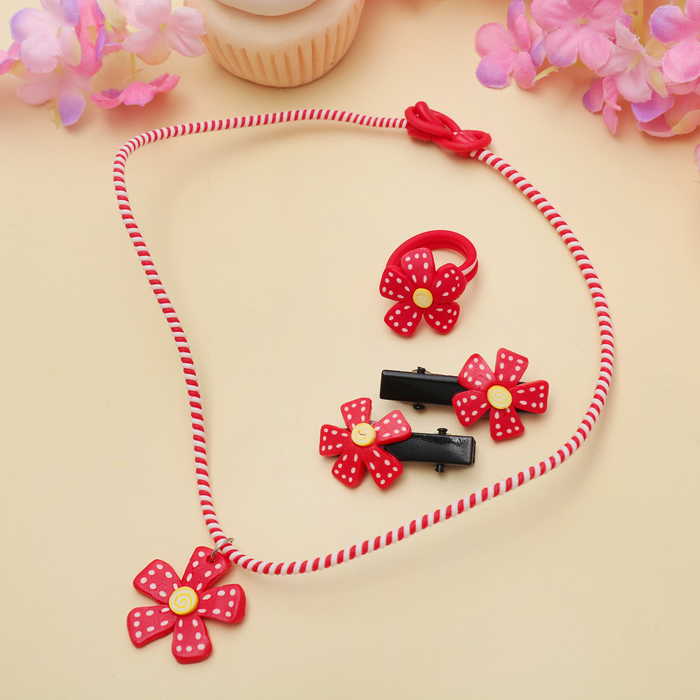 Набор детский "Выбражулька" 4 предмета: 2 заколки, кулон, кольцо, цветочек, цвет МИКС