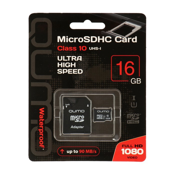 Карта памяти QUMO MicroSD, 16 Гб, SDHC, UHS-I, класс 10, с адаптером SD