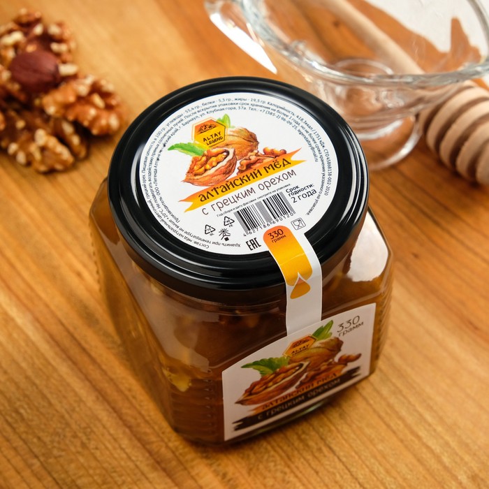 Мёд Алтайский натуральный цветочный, с грецким орехом, 330 г мёд кремовый глобус цветочный натуральный с кедровым орехом 500 г