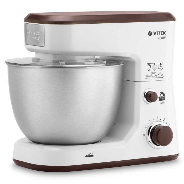 Кухонная машина Vitek VT-1433, 900 Вт, 4 л, 6 скоростей, 3 насадки, бело-коричневая