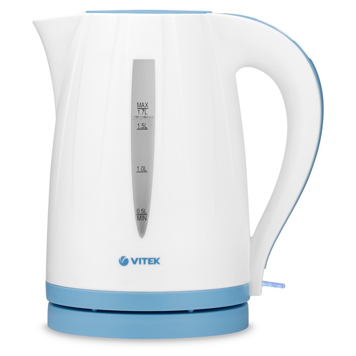 цена Чайник электрический Vitek VT-7031 W, пластик, 1.7 л, 2200 Вт, бело-голубой