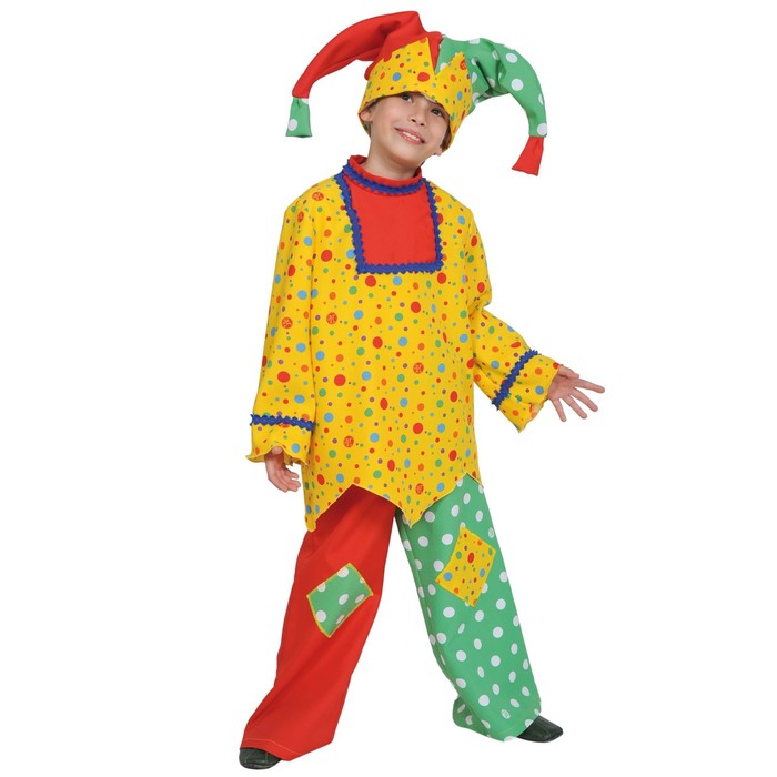 Карнавальный костюм «Скоморох», рубашка, брюки, колпак, рост 122-128 см