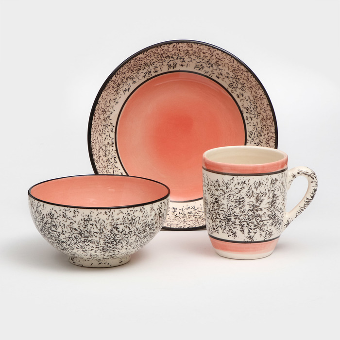 Набор керамической посуды Алладин, 3 предмета: салатник 700 мл, тарелка 20 см, кружка 350 мл, розовый, 1 сорт, Иран салатник розовый 700 мл керамика 1 сорт иран