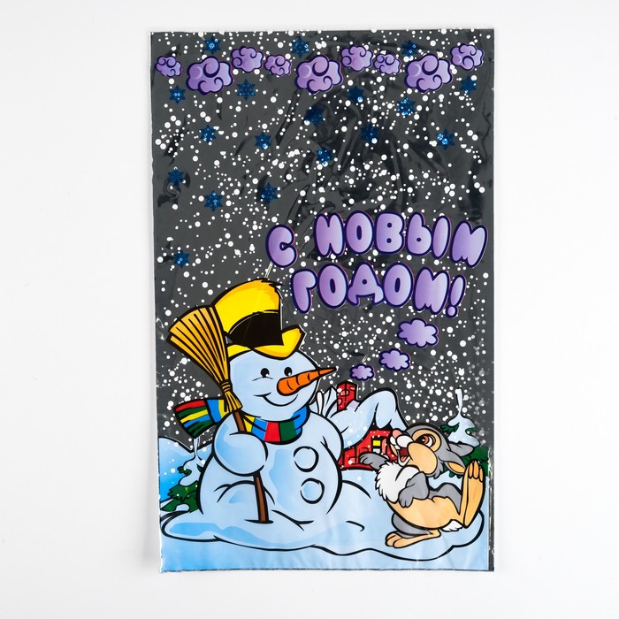 Пакет подарочный Снеговик и заяц 25 х 40 см, цветной металлизированный рисунок