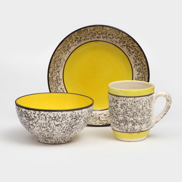 Набор посуды Алладин, керамика, желтый, 3 предмета: салатник 700 мл, тарелка 20 см, кружка 350 мл, 1 сорт, Иран набор посуды салатный керамика желтый 3 предмета d 15 см 700 мл 1 сорт иран