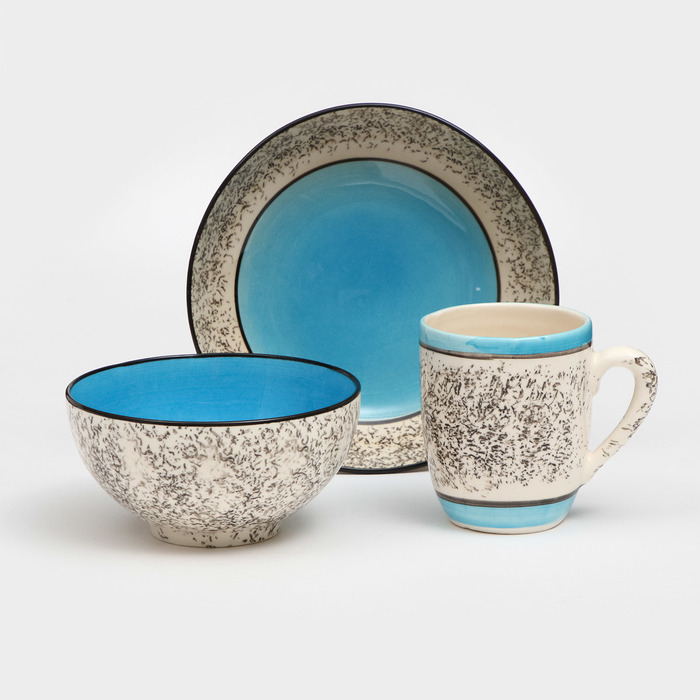 Набор посуды Алладин, керамика, синий, 3 предмета: салатник 700 мл, тарелка 20 см, кружка 350 мл, 1 сорт, Иран