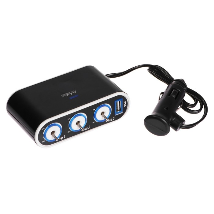Разветвитель прикуривателя TORSO, 12-24 В, USB, провод 50 см, подсветка разветвитель прикуривателя torso 3 гнезда usb 12 24 в
