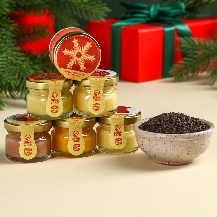 фото Подарочный набор «новогодняя роскошь»: чай чёрный 50 г., крем-мёд 6 шт. x 30 г. фабрика счастья
