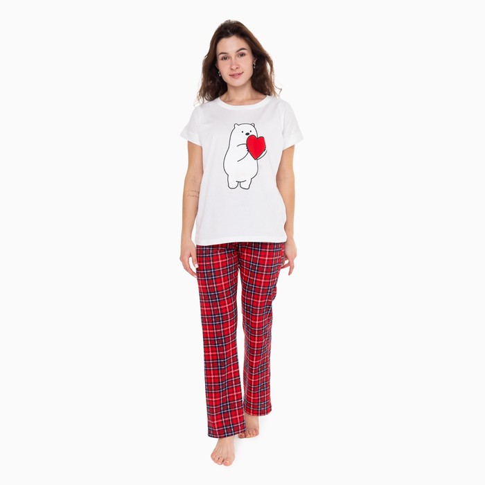 Комплект домашний женский «Мишка» (футболка/брюки), цвет белый/красный, размер 52