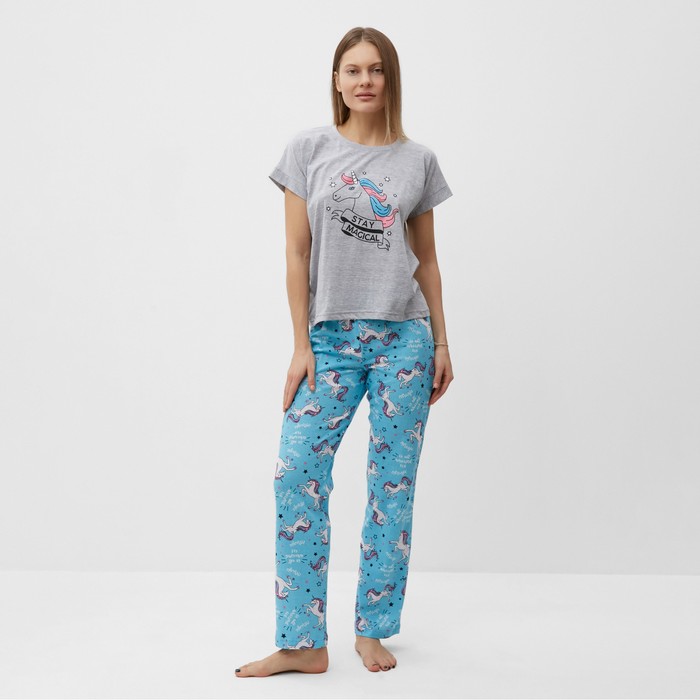 Комплект домашний женский «Единорог» (футболка/брюки), цвет серый/голубой, размер 50