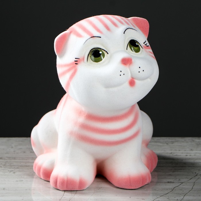 Копилка "Котик" малая, флок, розовая