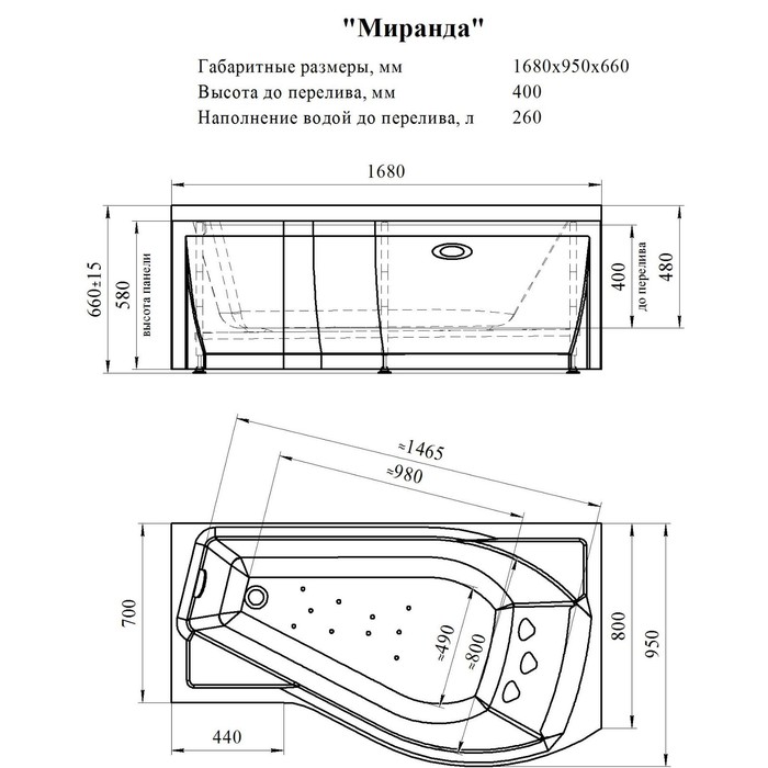 

Ванна акриловая Vannesa 2-01-0-2-1-209Ч "Миранда", 168 х 95 см, без каркаса, правая
