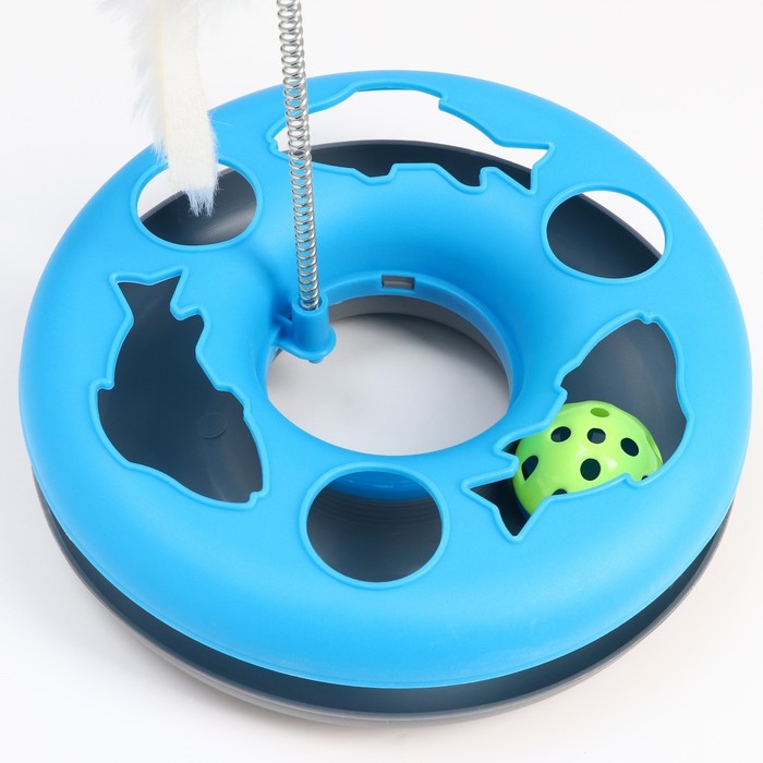 фото Игрушка для кошек "загадочный круг - рыбки", мышь на пружине и шарик, 23 х 7 см, голубая/серая 79161 пижон