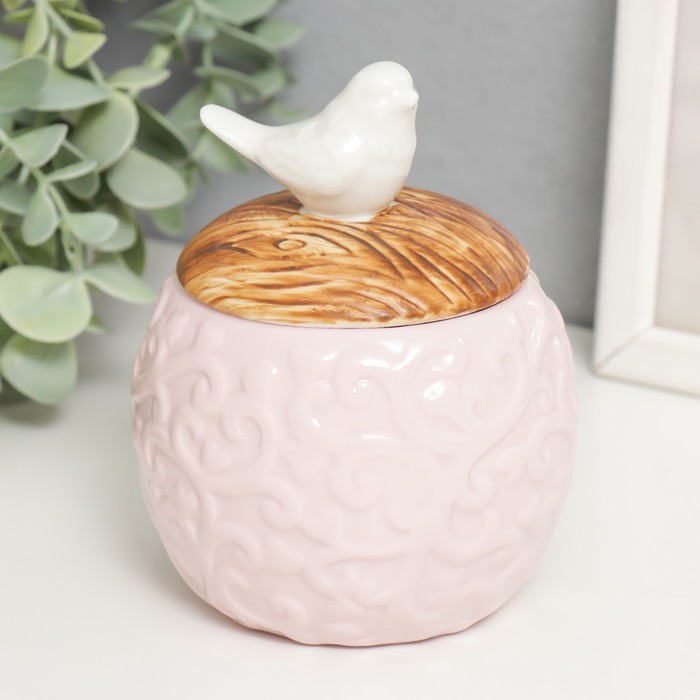 Шкатулка керамика круглая Белая птичка розовый 9х9х12,5 см