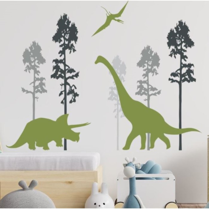 Наклейка пластик интерьерная цветная Силуэты динозавров набор 2 листа 30х90 см