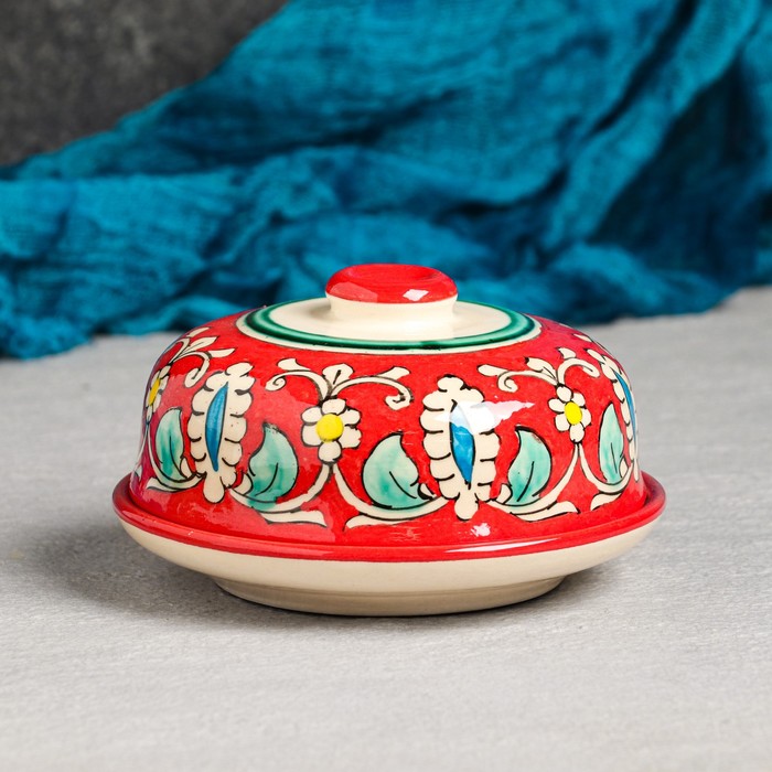 Масленка Риштанская Керамика Узоры, 13 см, красная тарелка риштанская керамика узоры 28 см красная