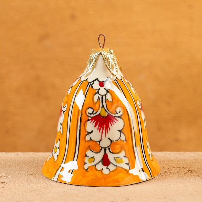 Игрушка ёлочная Риштанская керамика Колокольчик, 7 см, оранжевая