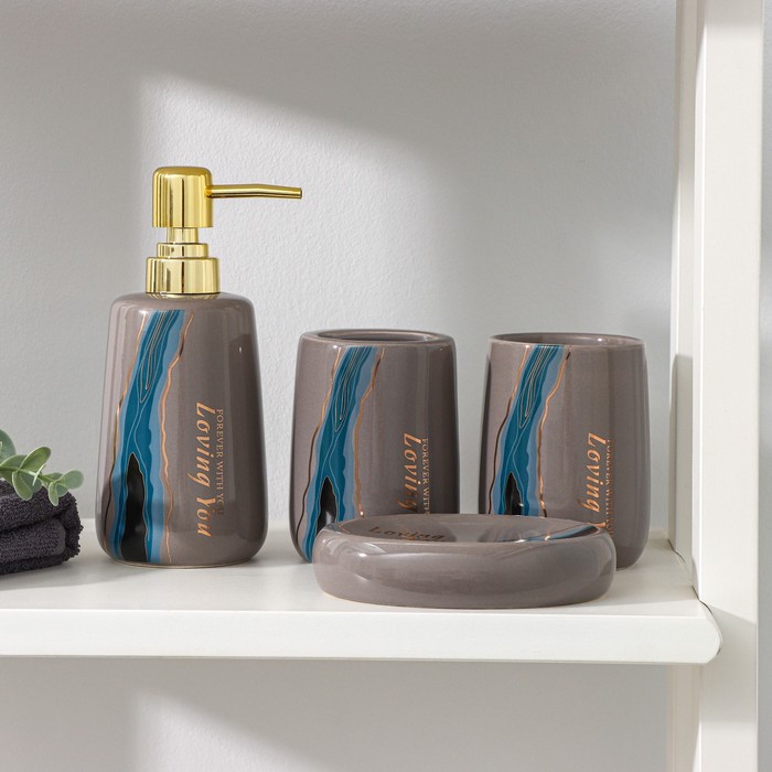 Набор аксессуаров для ванной комнаты SAVANNA «Малахит», 4 предмета (мыльница, дозатор для мыла, 2 стакана), цвет серый