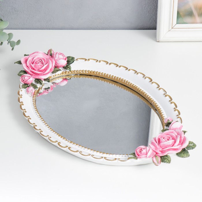 Подставка интерьерная полистоун с зеркалом "Розовые розы" белая 36,5х22 см