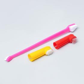 Набор зубная щётка двухсторонняя + щётка напальчник + массажер для десен (набор 3 шт), микс цветов 5 Ош