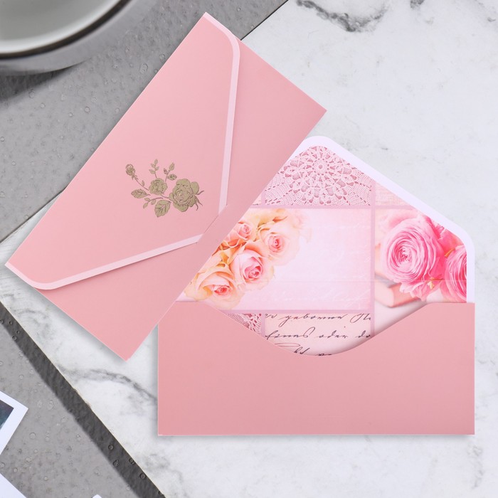 Конверт для денег Поздравительный розовый, цветы, 19х9 см