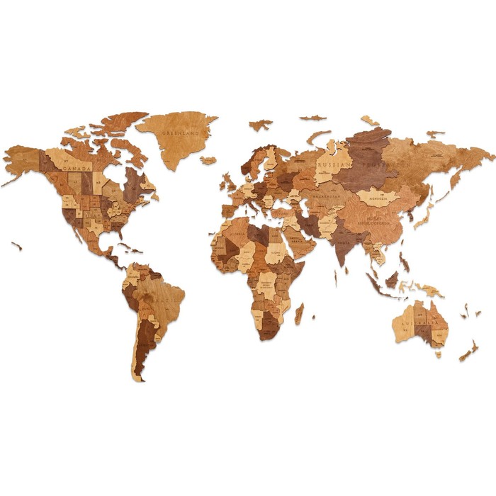 Карта мира деревянная Eco Wood Art Wooden World Map Choco World, объёмная, трёхуровневая, размер L, 192x105 см, цвет шоколадный