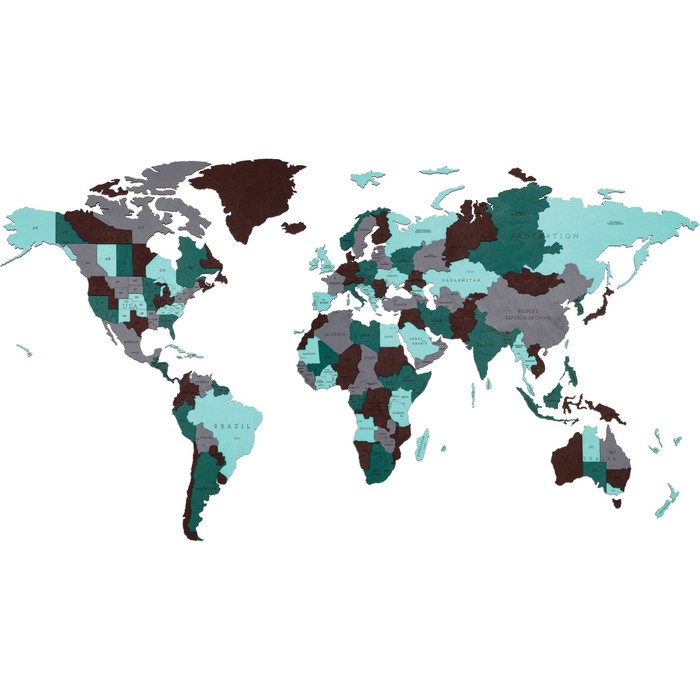 EWA Деревянная Карта Мира настенная, объёмная 3 уровня, цвет изумруд