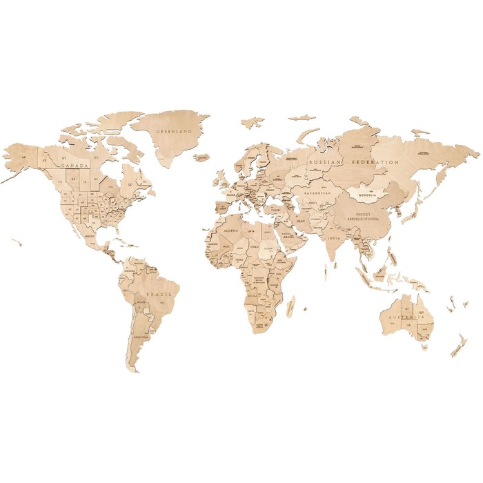 Карта мира деревянная Eco Wood Art Wooden World Map Untouched World, объёмная, трёхуровневая, размер L, 192x105 см, цвет натуральный