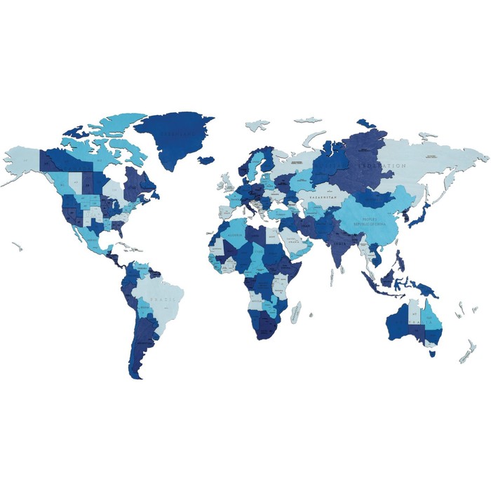 EWA Деревянная Карта Мира настенная, объемная 3 уровня, цвет синий