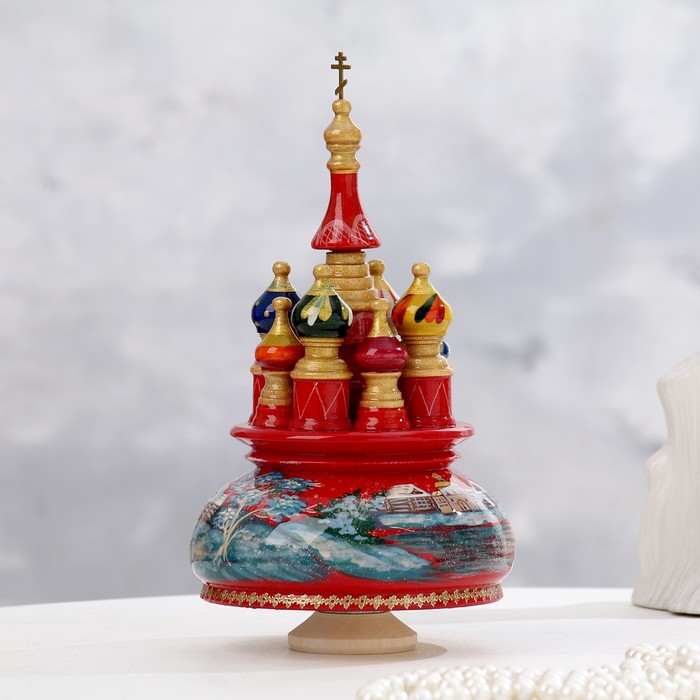 Сувенир музыкальный Храм, зима, красный фон, ручная роспись