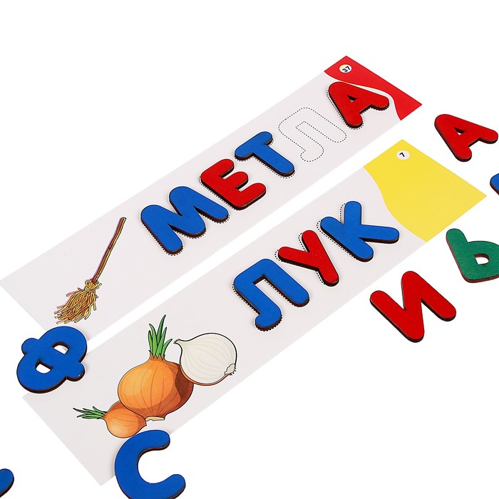 Набор деревянных букв и 65 карточек со словами "Учим буквы. Составляем слова"