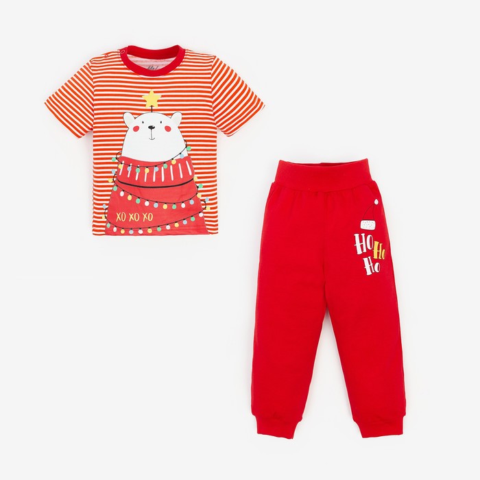 Пижама детская (футболка, брюки) Медведь/полоска, цвет красный/белый, рост 80 см