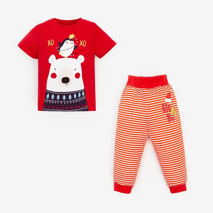 Пижама детская (футболка, брюки) «Медведь и Пингвин», цвет красный/белый, рост 80 см