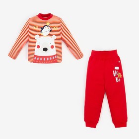 Пижама детская (лонгслив, брюки) «Медведь и Пингвин», цвет белый полоска/красный, рост 74 см Ош