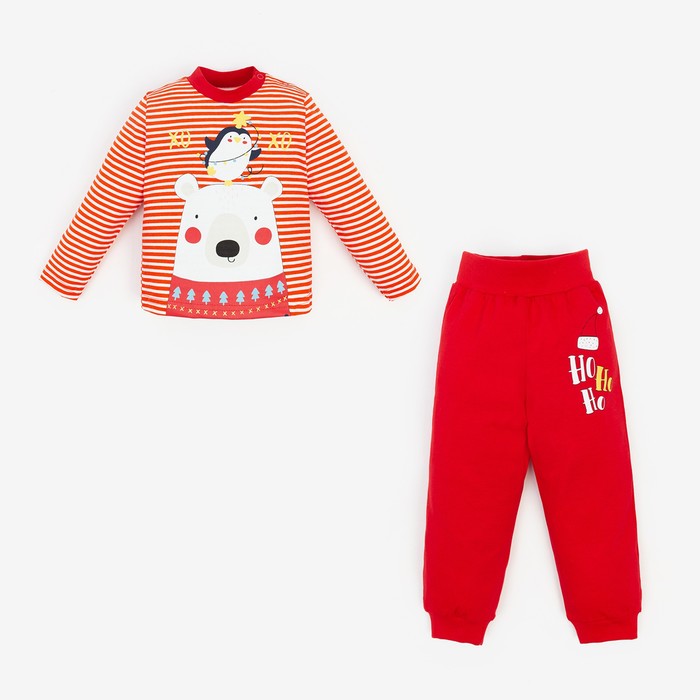Пижама детская (лонгслив, брюки) «Медведь и Пингвин», цвет белый полоска/красный, рост 80 см