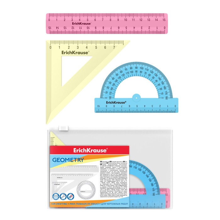 

Набор геометрический ErichKrause Pastel, пластиковый, малый (линейка, угольник, транспортир), микс из 3 цветов, в zip-пакете