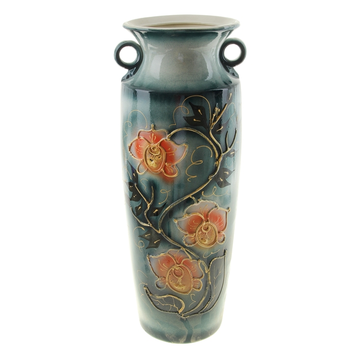 Ваза напольная "София" цветы, глазурь, зелёная