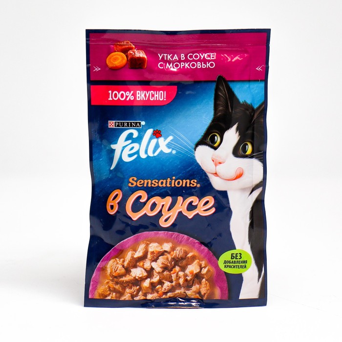 Влажный корм Felix Sensations для кошек, утка/морковь в соусе, пауч, 75 г влажный корм felix sensations для кошек утка морковь в соусе пауч 75 г