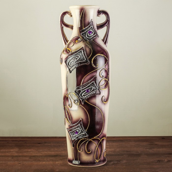 Ваза напольная "Ксения" абстракция, глазурь, камень, фиолетовая