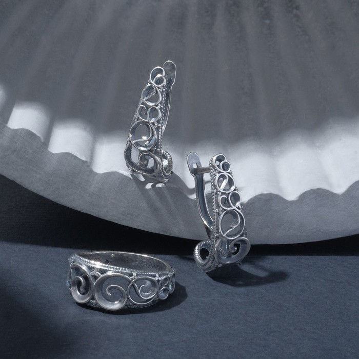 Гарнитур посеребрение 2 предмета: серьги, кольцо "Ажур", 18 размер