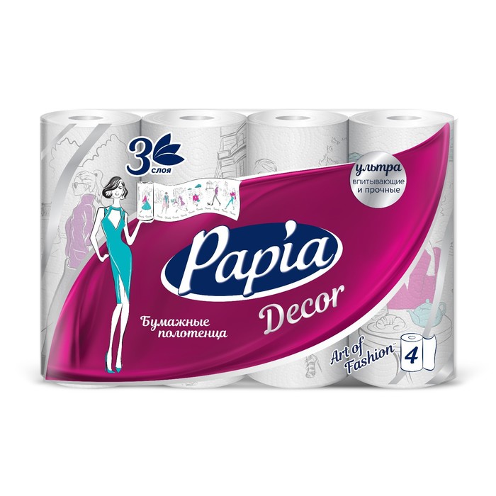 Полотенце бумажное Papia Decor 3 слоя 4 рулона 220₽