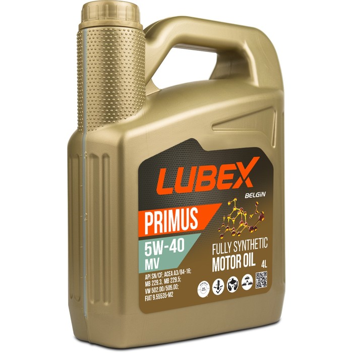 Моторное масло LUBEX PRIMUS MV 5W-40 CF/SN A3/B4, синтетическое, 4 л масло моторное lubex primus fm 5w 30 cf sl a5 b5 синтетическое 4 л