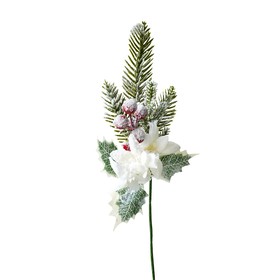 Ветка ели искусственная заснеженная с белым цветком 1 шт. 183504-1