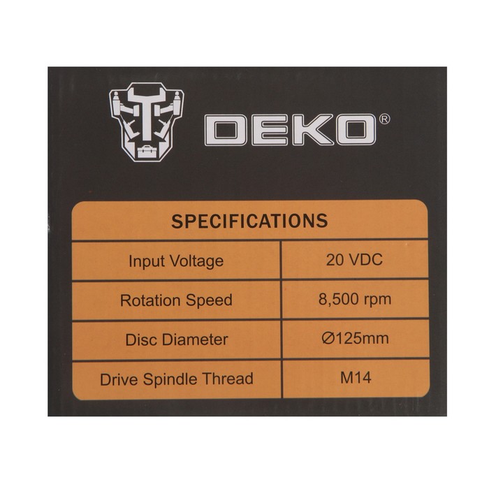 Аккумуляторная угловая шлифмашина DEKO DKAG20-125, 20 В, 2 Ач, Li-Ion, d=125х22.2 мм