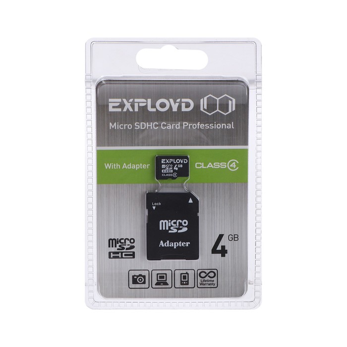 Карта памяти Exployd MicroSD, 4 Гб, SDHC, класс 4, с адаптером SD