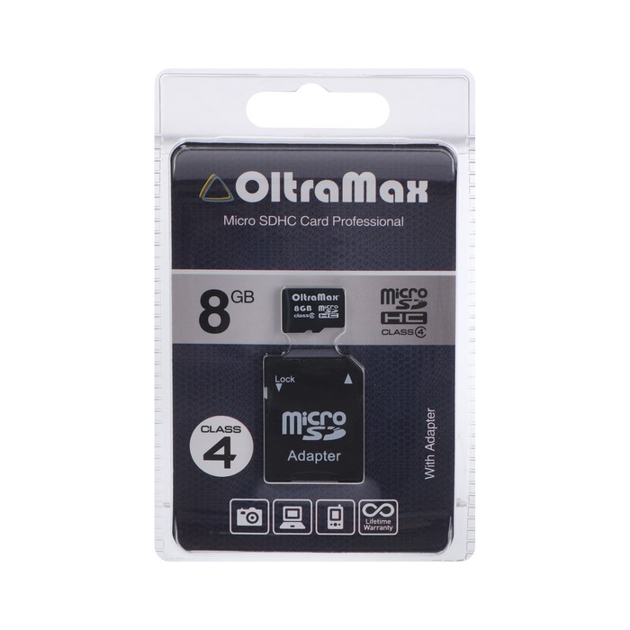 Карта памяти OltraMax MicroSD, 8 Гб, SDHC, класс 4, с адаптером SD