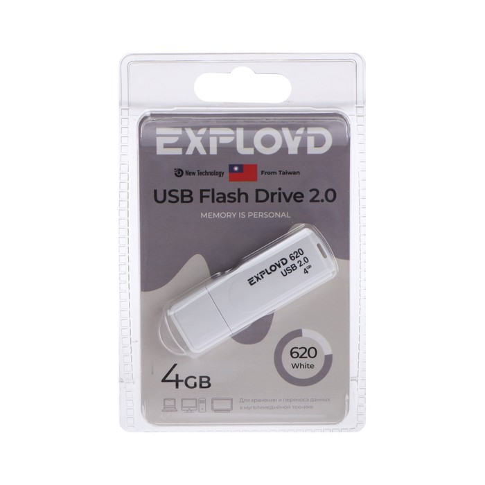 Флешка Exployd 620, 4 Гб, USB2.0, чт до 15 Мб/с, зап до 8 Мб/с, белая