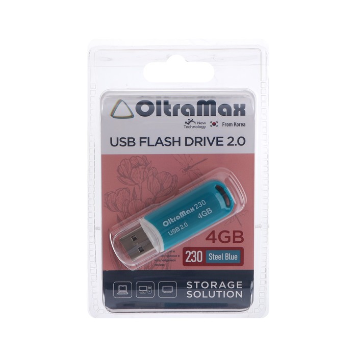 

Флешка OltraMax 230, 4 Гб, USB2.0, чт до 15 Мб/с, зап до 8 Мб/с, синяя