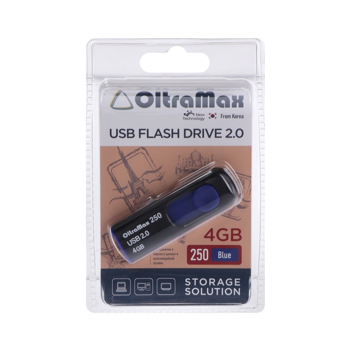 

Флешка OltraMax 250, 4 Гб, USB2.0, чт до 15 Мб/с, зап до 8 Мб/с, синяя
