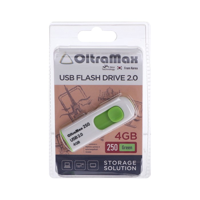 

Флешка OltraMax 250, 4 Гб, USB2.0, чт до 15 Мб/с, зап до 8 Мб/с, зелёная